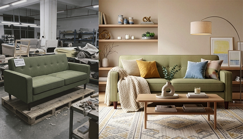 Phone photo of a green sofa in a warehouse, beside the delivered lifestyle image