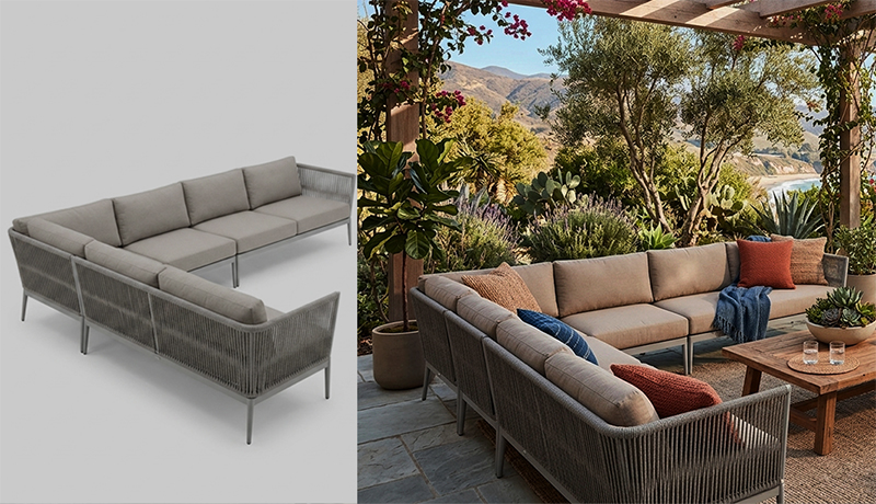 Outdoor rope sectional isolated on a plain studio background, beside the delivered patio lifestyle scene