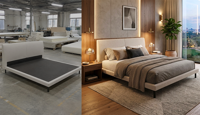 Upholstered bed frame on a warehouse floor, beside the delivered bedroom lifestyle scene of the same bed
