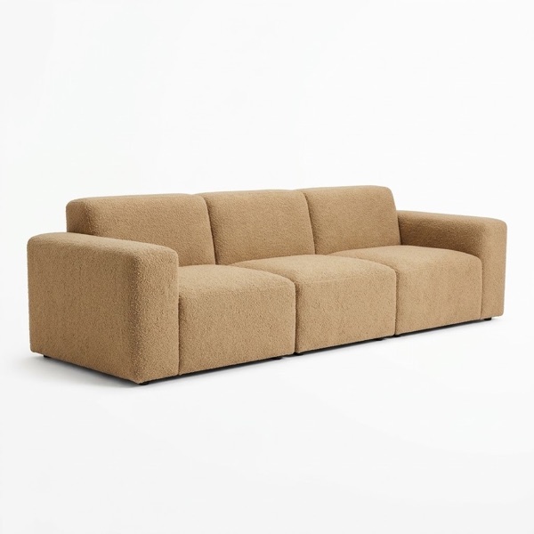 Tan boucle sofa on a white background, showing the whole silhouette